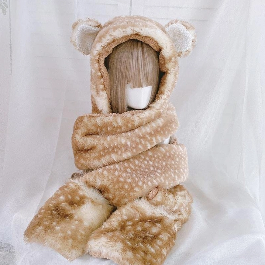 Lolita bear ear 3-in-1 plush winter set full front mannequin display, warm fawn spotted fleece material, fluffy bear ear hood with integrated scarf and hand warmer pocket gloves