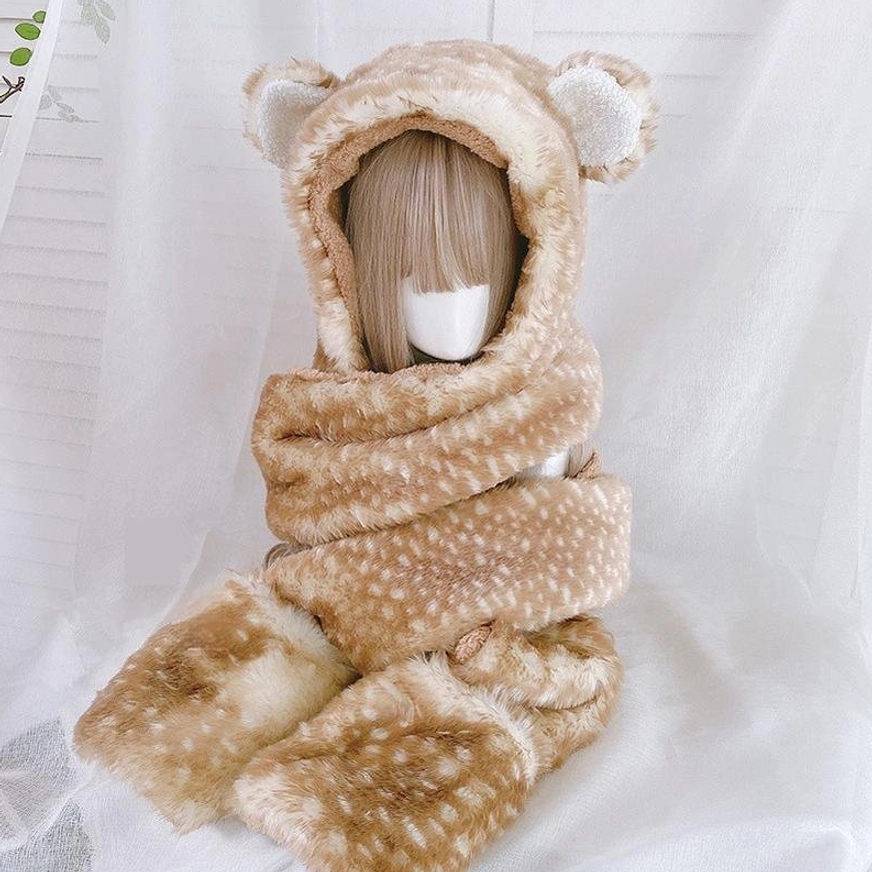 Bear ear lolita plush winter 3-in-1 set flat lay display on mannequin, fawn spotted fuzzy fabric, fluffy bear ear hood decorations, integrated all-in-one hat scarf gloves ensemble