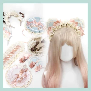 Complete Lolita bear ear hair accessories collection displayed with flat lay and mannequin, showing multiple color variations with matching ruffled lace and bow details