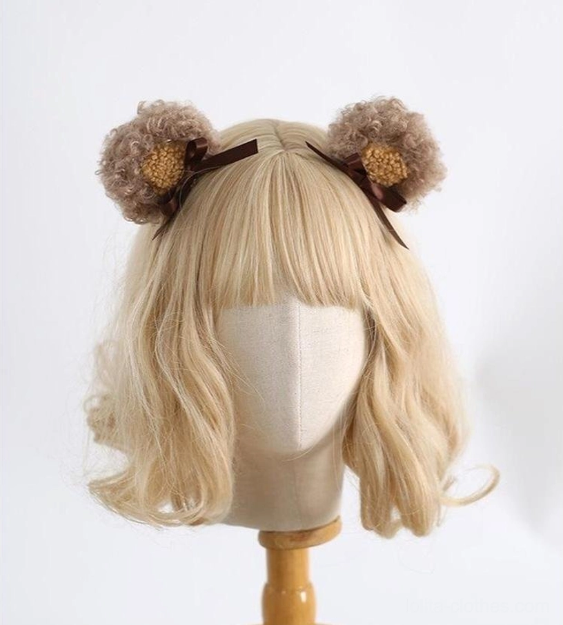 Simple lolita bear ear hairband shown from back perspective on mannequin displaying fluffy brown bear ears attached with dark brown ribbon clips on plain headband construction