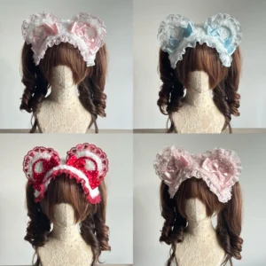 Lolita bear ear headband multi-color samples showcase pink blue red white lace polka dot satin bows color options
