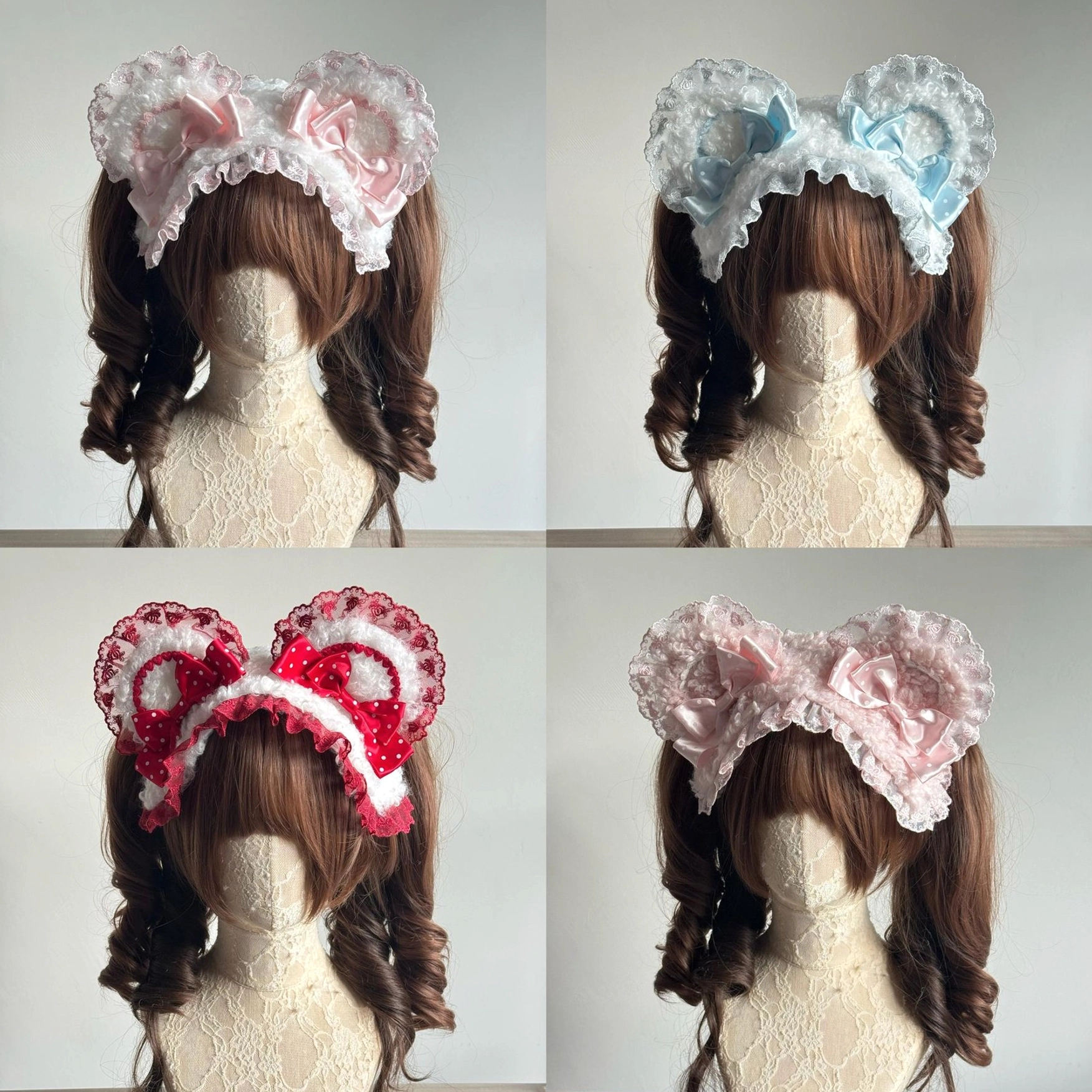 Lolita bear ear headband multi-color samples showcase pink blue red white lace polka dot satin bows color options
