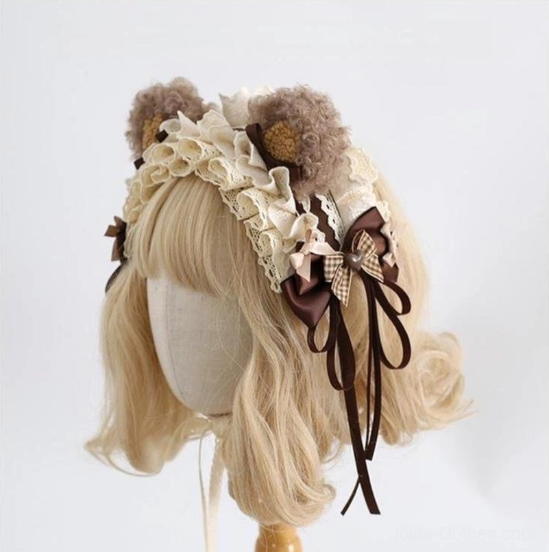 Lolita bear ear hair headdress shown from left side perspective on mannequin featuring ruffled lace headband brown fluffy ears and dual dark brown gingham check bows coordination detail