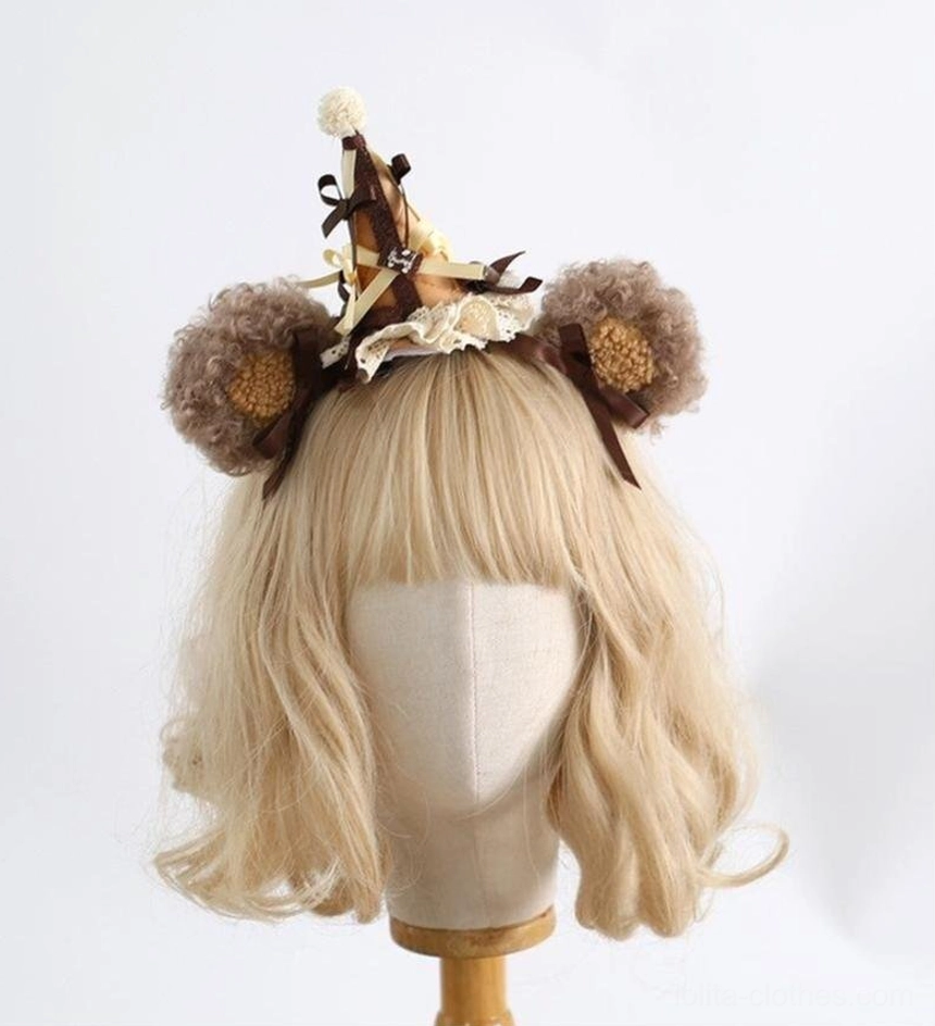 Lolita headdress with fluffy brown bear ears decorated pointed party hat and matching ribbon decorations displayed on mannequin front full view complete accessory ensemble