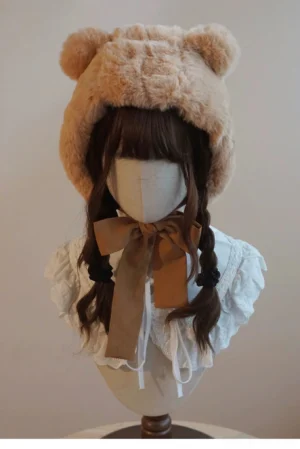 Tan brown bear ear fluffy hooded lolita hat front view on mannequin with twin braids wearing ruffled blouse