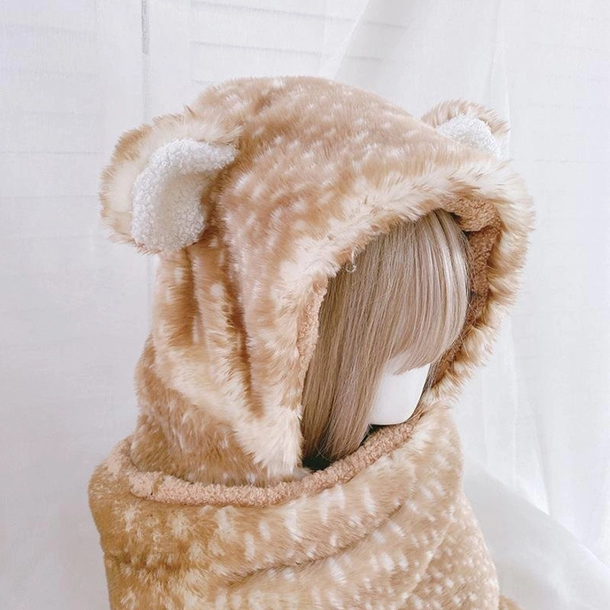 Close-up side front view of lolita bear ear plush winter set on mannequin, soft fleece texture, white fuzzy inner ear trim detail, light brown spotted outer fabric animal ear design