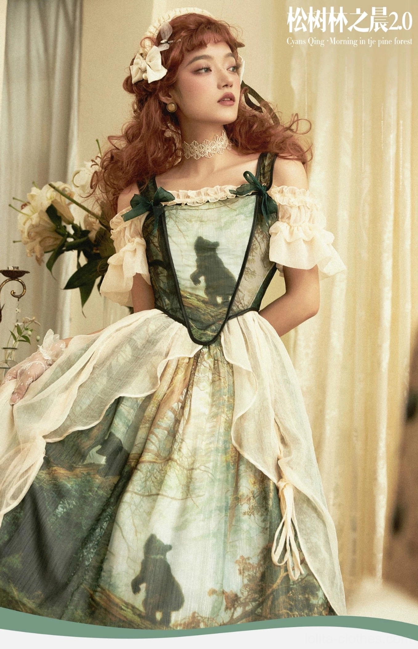 Lolita bear print off-shoulder dress coordinate details showing lace shoulder straps bow decorations