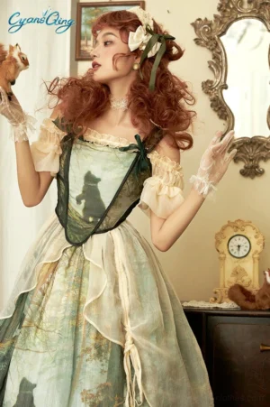 Elegant lolita bear print off-shoulder coord three-quarter front pose with squirrel prop vintage room