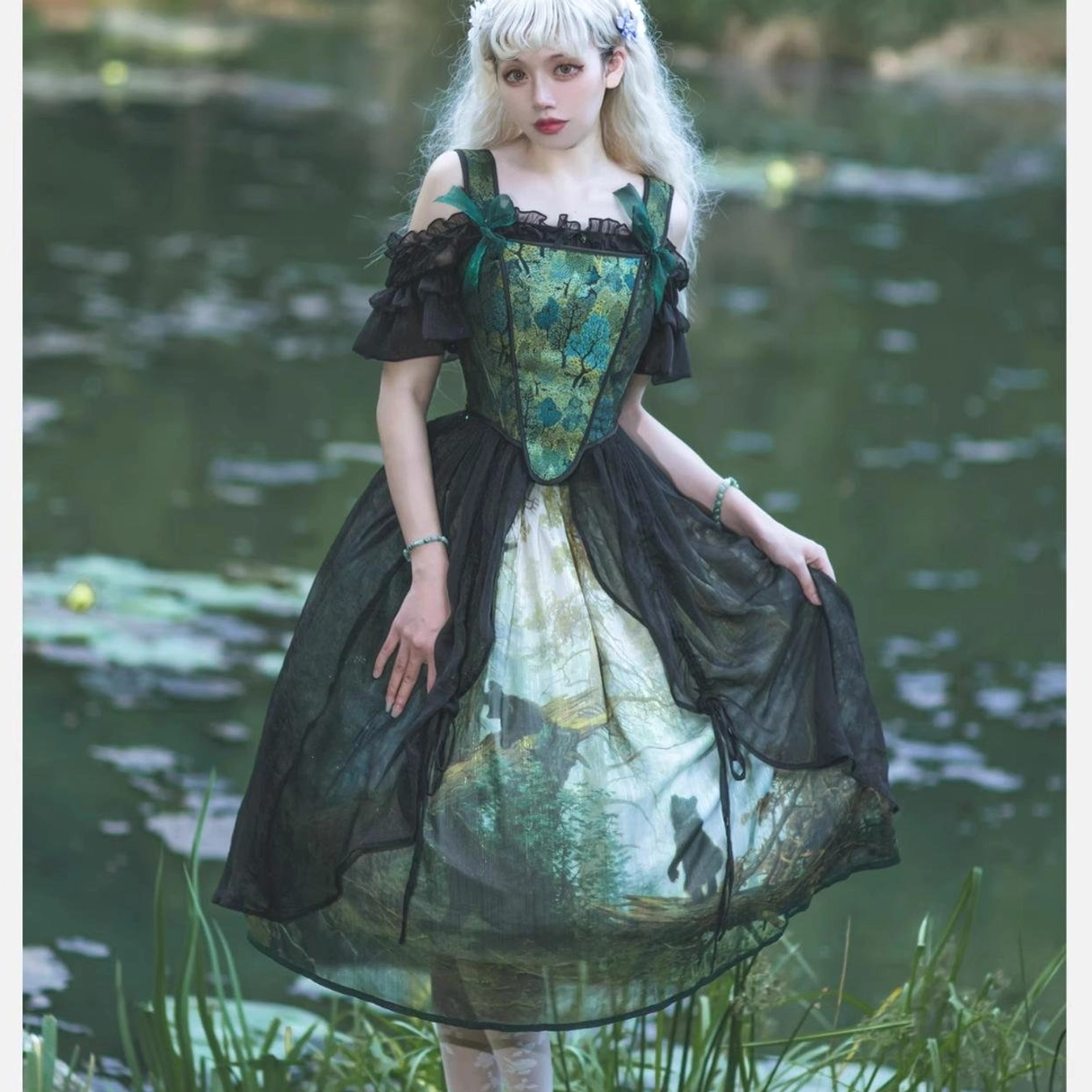 Elegant lolita bear print dress underskirt petticoat asymmetrical one-shoulder design beige black