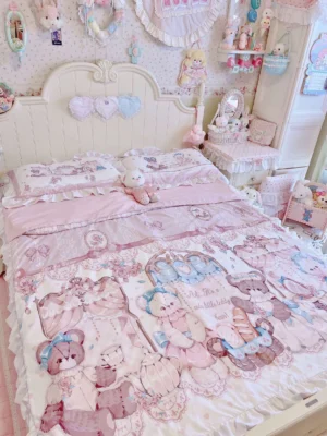 Frontal view of lolita bear print bedding set with heart-shaped headboard, ruffled pillowcases, and central large bear afternoon tea print on cozy princess bed