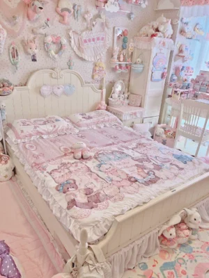 Enchanted afternoon tea bears lolita four-piece bedding set displayed in complete princess bedroom scene with ruffled bed skirt, pastel pink and off-white color scheme, and vintage teddy bear decor