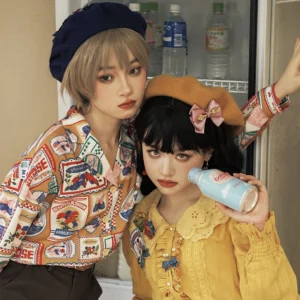 Two girls wearing retro vintage print shirts and coordinated lolita berets with bow ornaments indoor daily lolita fashion styling