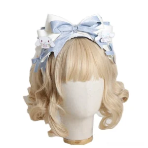 Large multilayered bow lolita KC headband front view blonde curly bob wig display shiny satin fabric dual-tone bows Cinnamoroll pendants