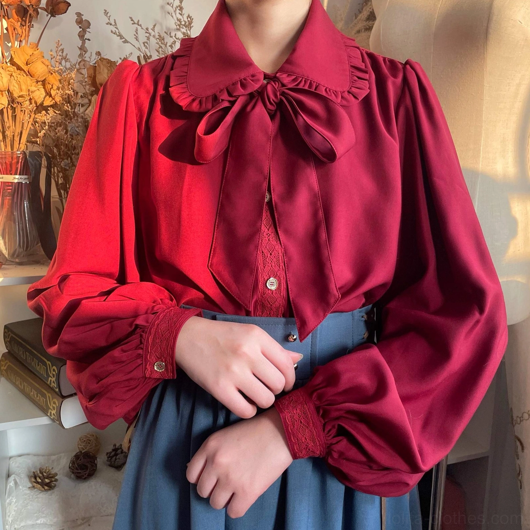 Burgundy purplish red vintage lolita bishop sleeve blouse rich gothic moody aesthetic
