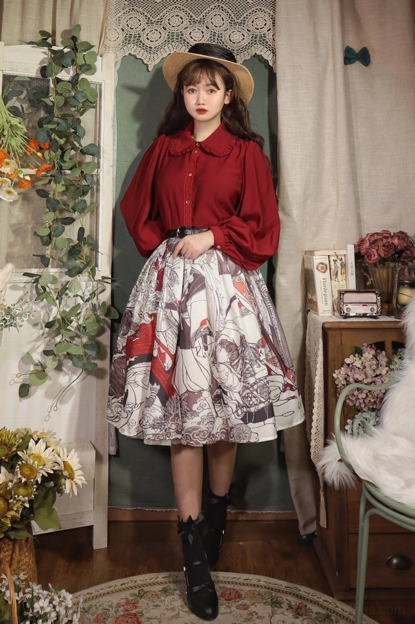 Lolita blouse daily outfit straw boater hat burgundy puff bishop sleeves A-line midi skirt black ankle boots