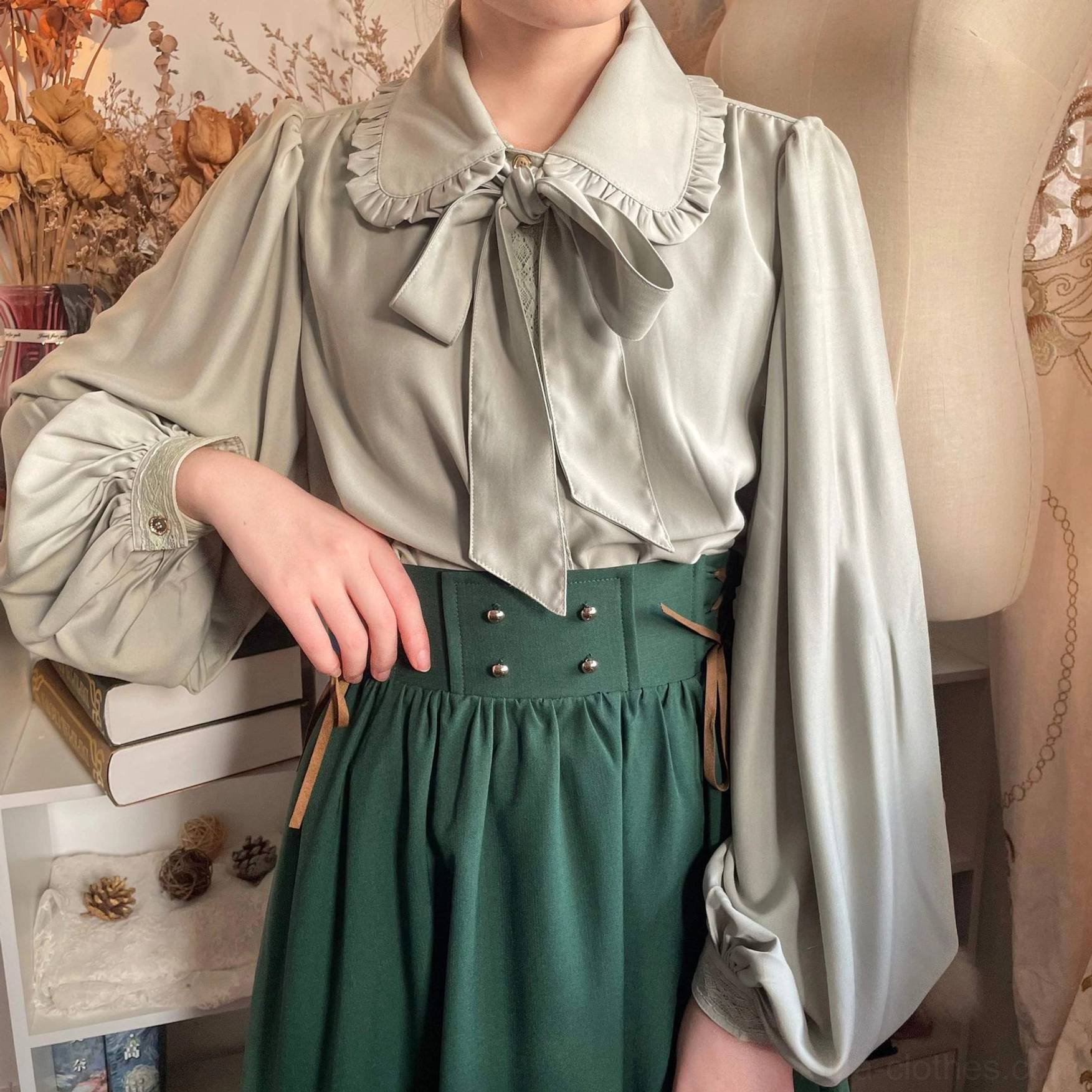Grass green vintage lolita bishop sleeve blouse fresh whimsical nature-inspired coordinate