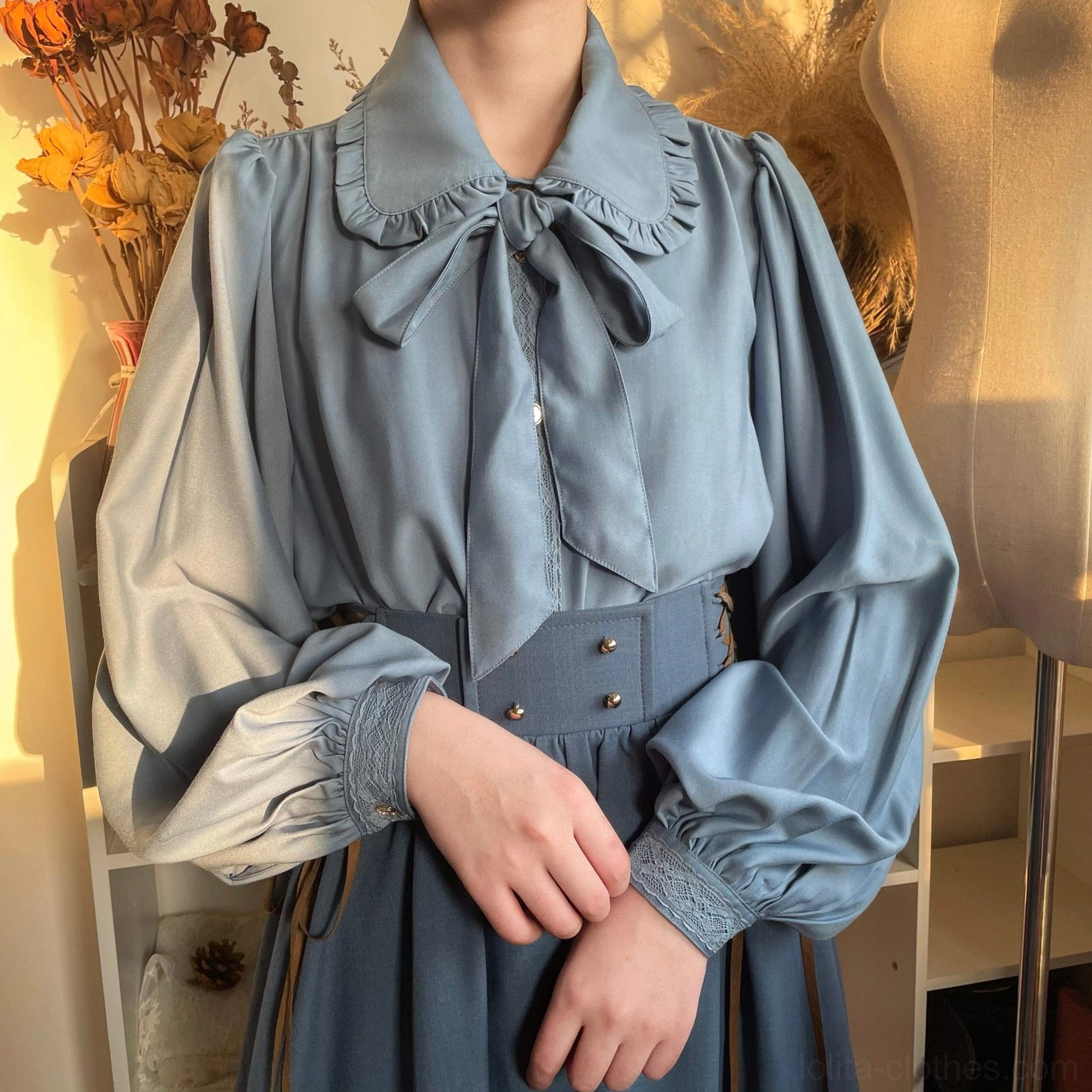 Grey blue color vintage lolita bishop sleeve blouse sophisticated romantic blue tone palette