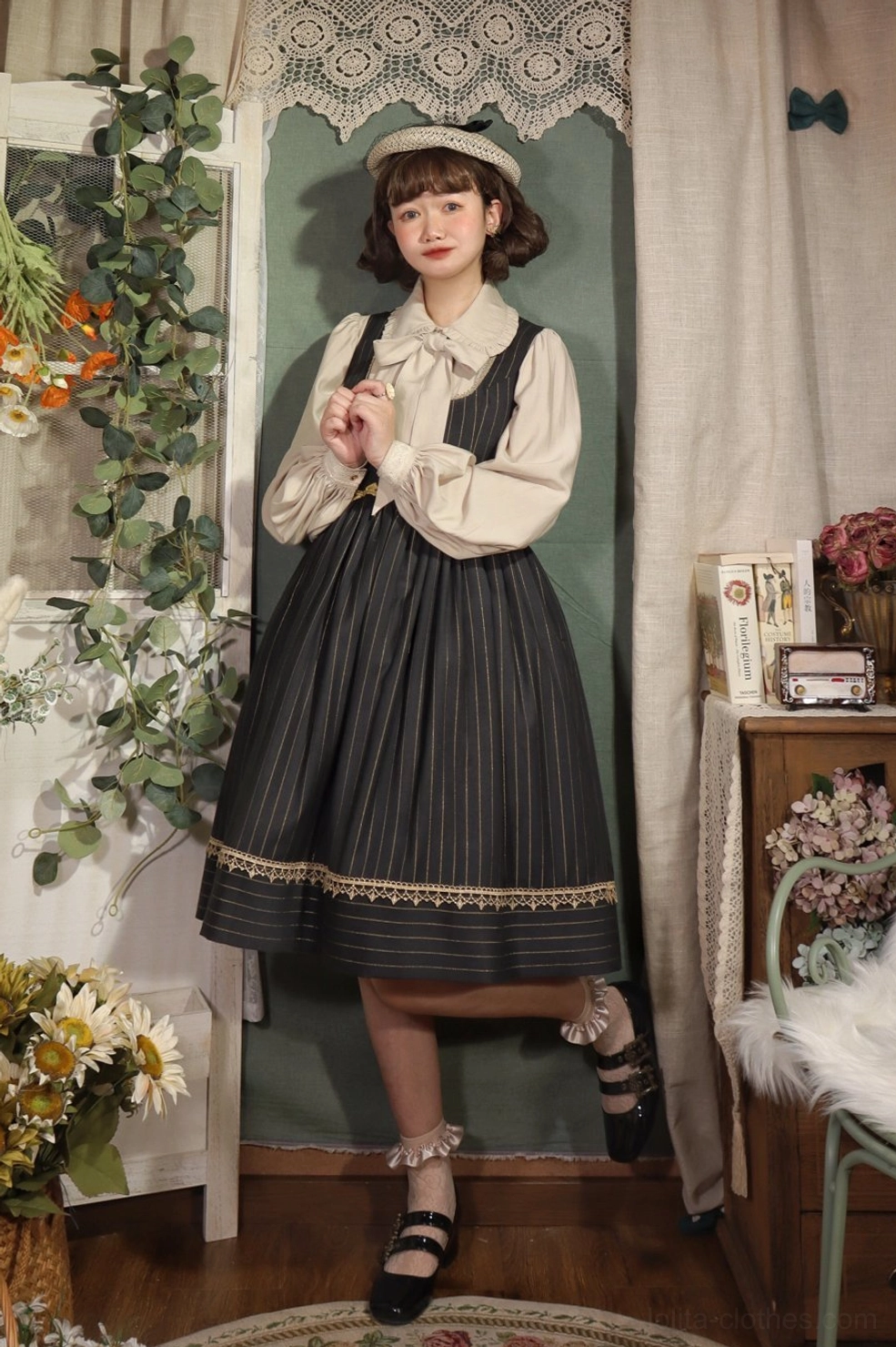 Striped lolita suspender skirt outfit white beret side-front view white bishop sleeve blouse ruffled socks Mary Jane shoes