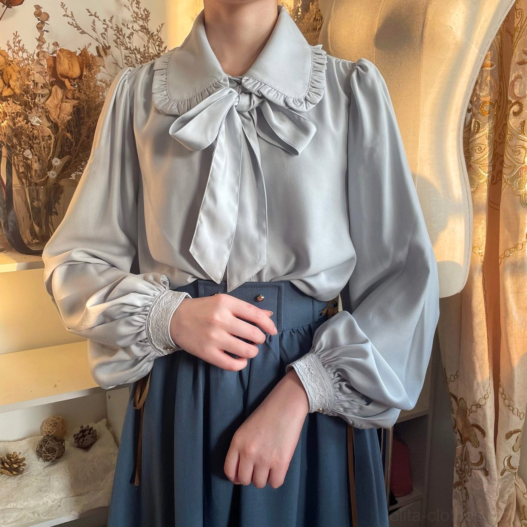 Water jade vintage lolita bishop sleeve blouse serene blue-green elegant romantic tone