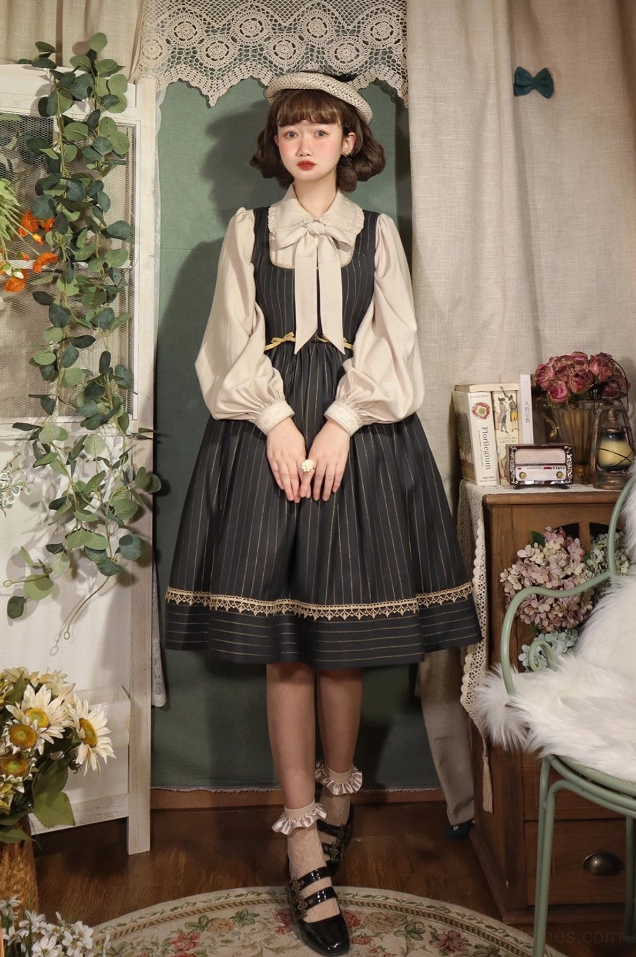 Striped lolita suspender skirt set white beret white bow collar bishop sleeve blouse black striped skirt gold lace hem