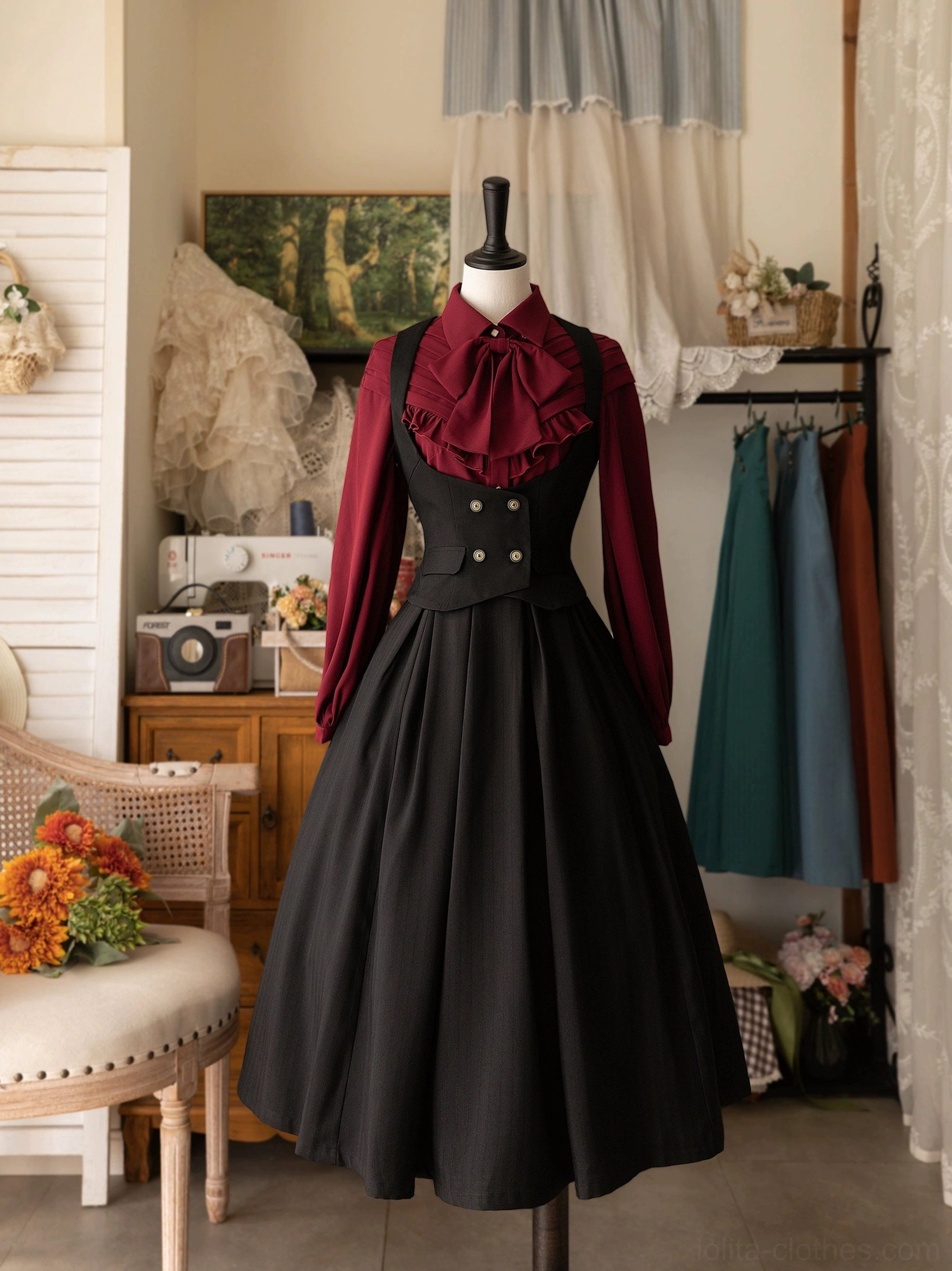 Lolita black pleated skirt high-waisted classic color versatile romantic silhouette full-length view