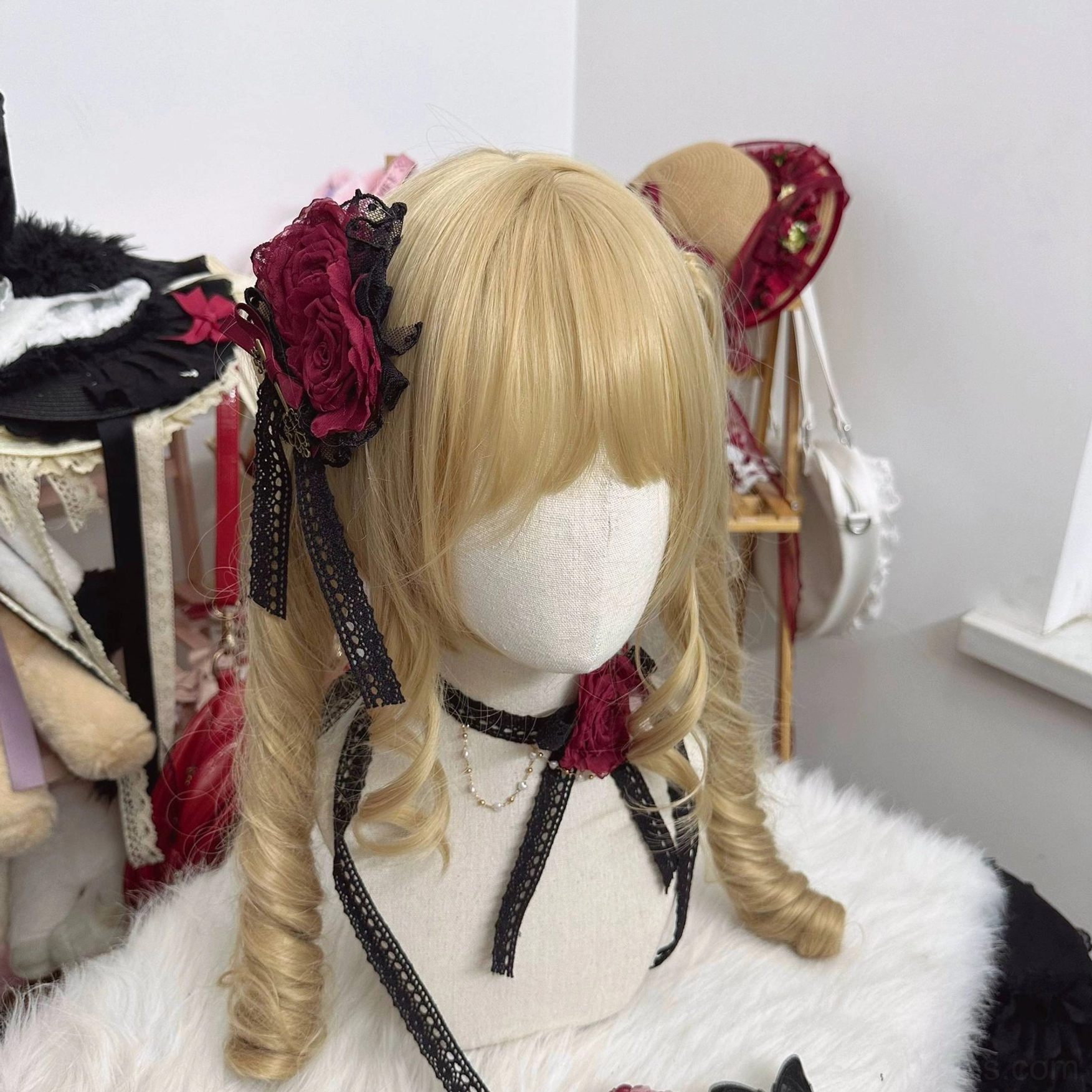 Black and red rose flower Lolita headdress set showing mixed-tone design with burgundy and red rose combinations for creative coordinate building
