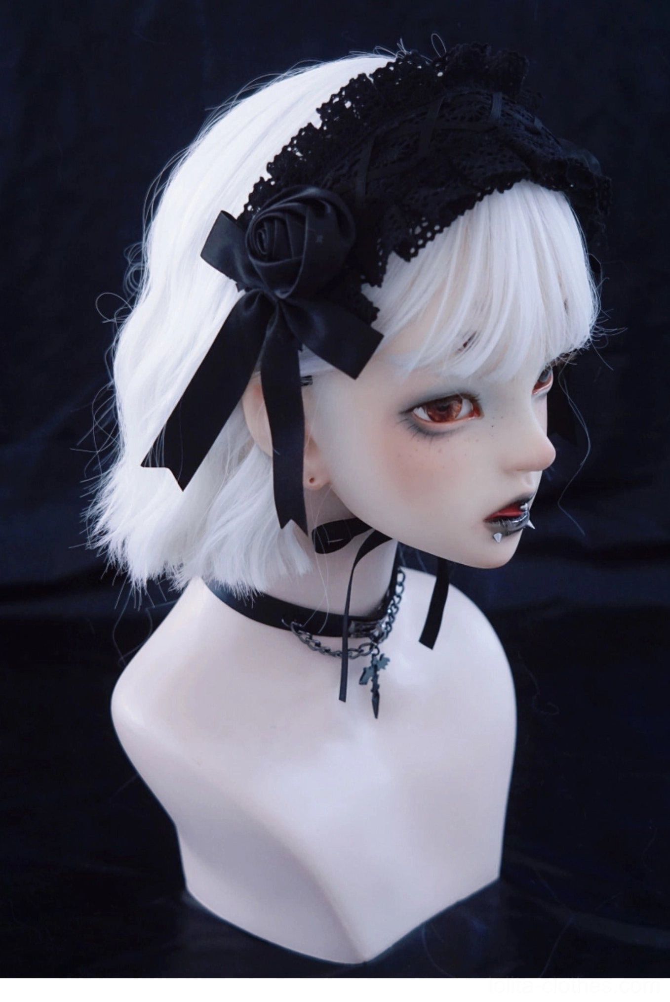 Lolita black rose headdress right side view showing decorative lace hairband with 3D satin rose and choker