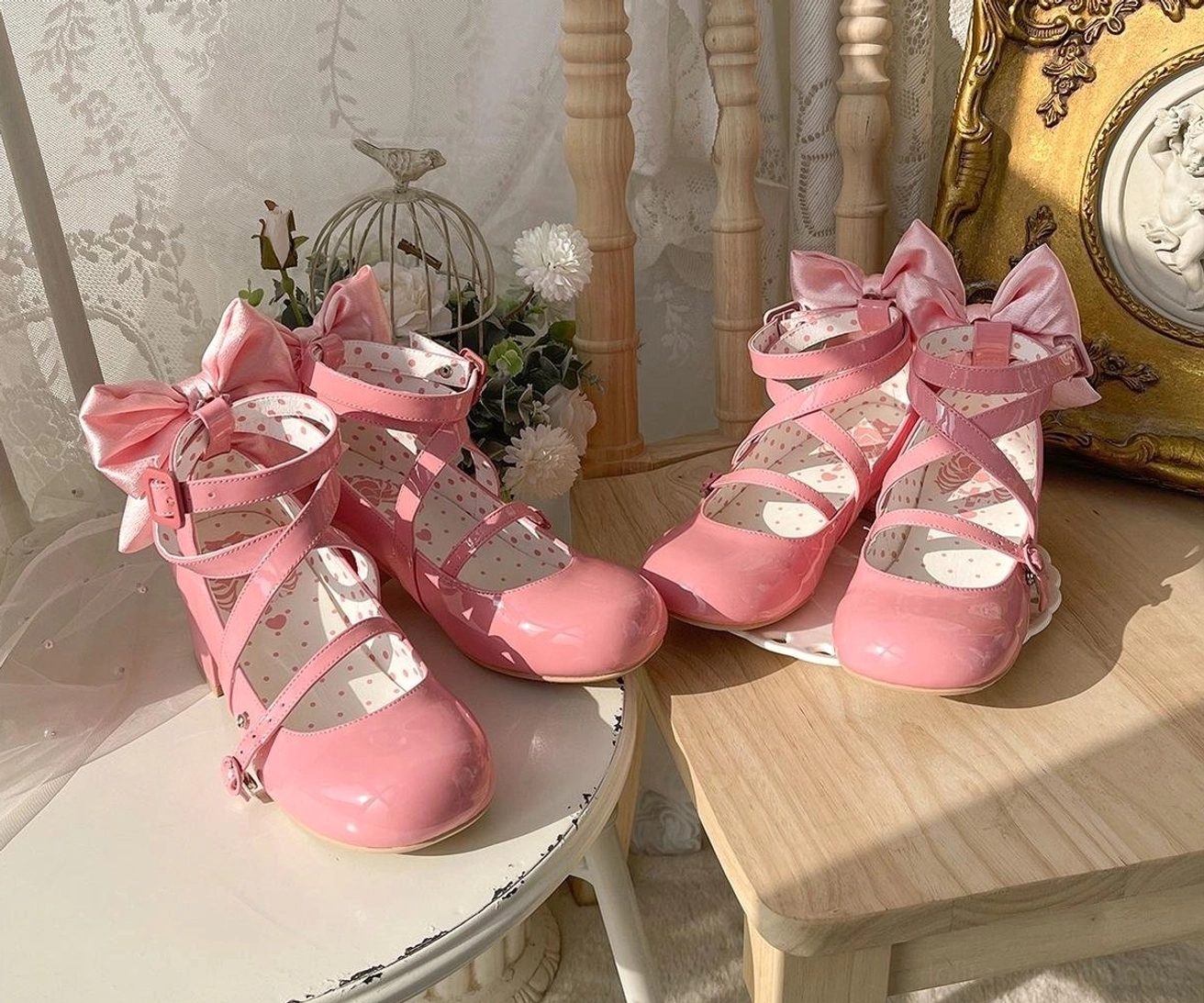 Lolita block heel shoes color palette swatches detail showcase bow and ankle strap close-up