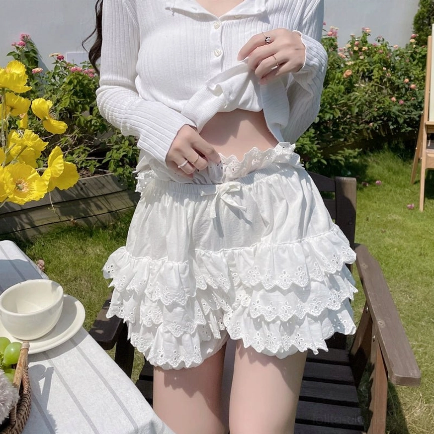 Lolita bloomer shorts showing the elegant tiered lace cake hem construction and comfortable elastic cuff design