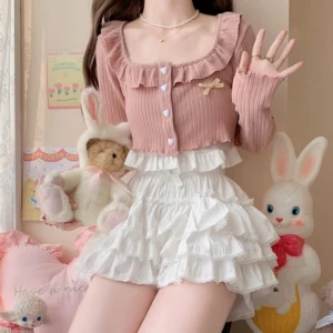 Tiered ruffle lolita bloomers full body styling with square neckline pink cropped cardigan plush bedroom decor