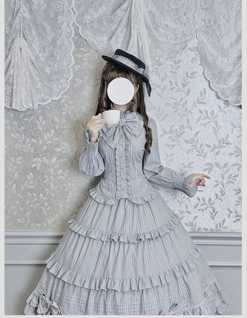 Adjustable lace-up back closure of classic striped lolita blouse corset-style fitting detail