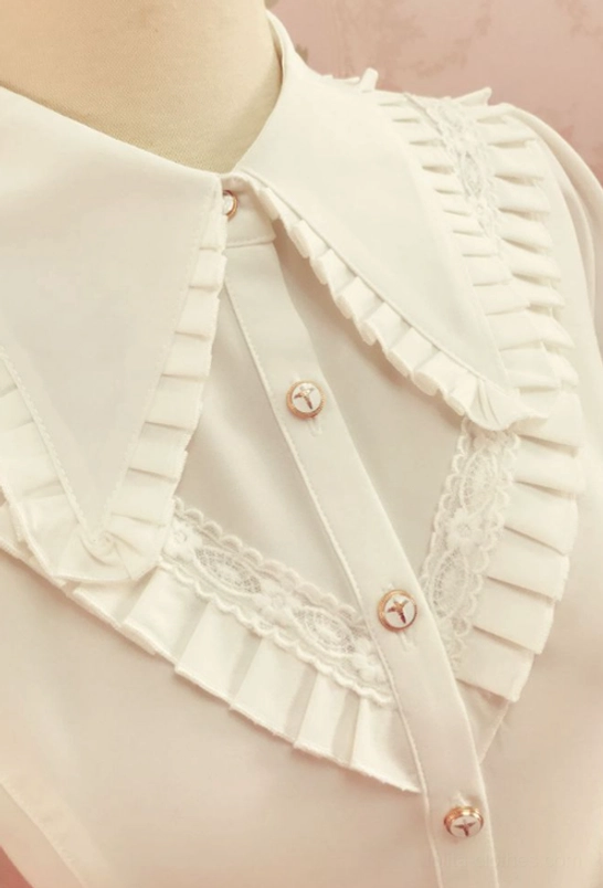 Lolita blouse upper front section close-up pleated ruffled pointed collar lace placket edging round pearl-style front buttons details