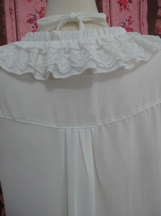 Back view of sweet lolita blouse featuring back neck bow tie back lace ruffled collar and vertical pleating details