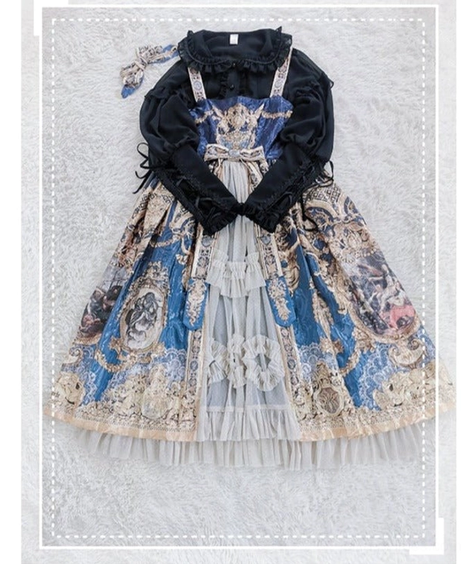 Lolita blouse and baroque print jsk dress lay flat with matching shoulder bow accessories