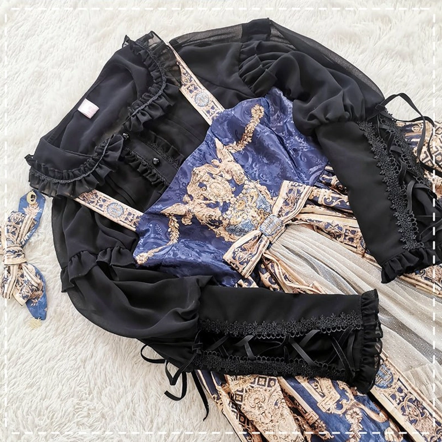Lolita blouse with baroque print blue jsk dress full coordinate lay flat photography