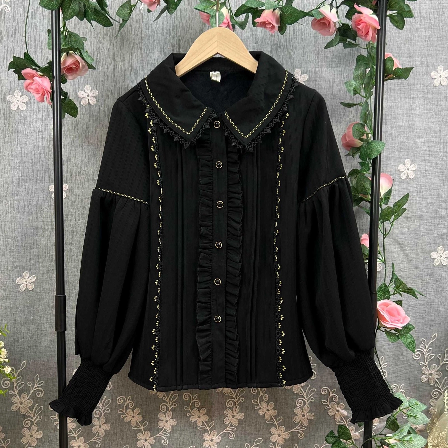 Lolita blouse black fleece peter pan collar option soft fabric texture round collar design feminine aesthetic variation