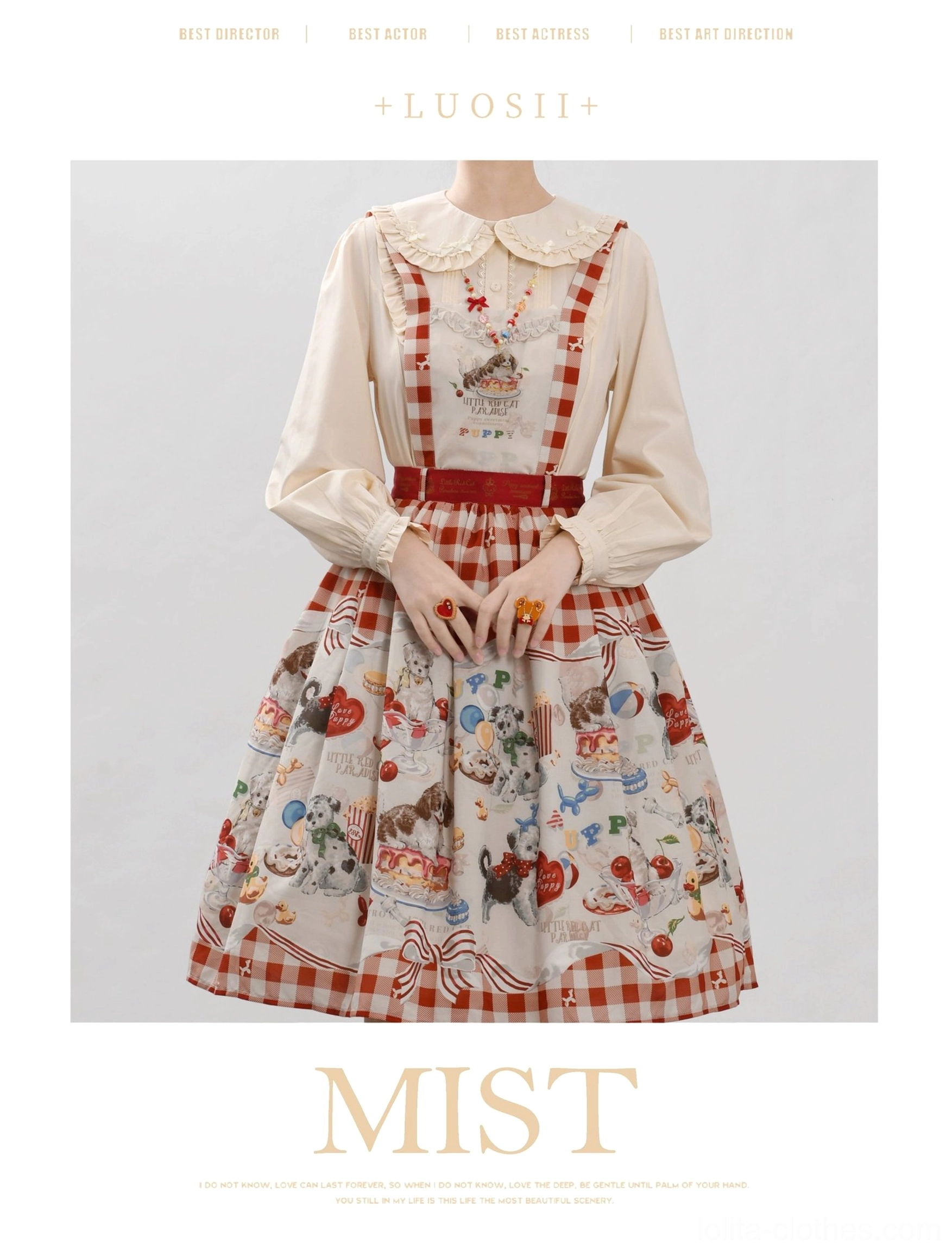 Lolita blouse black color peter pan doll collar ruffled cuffs long bubble sleeves bow details front view