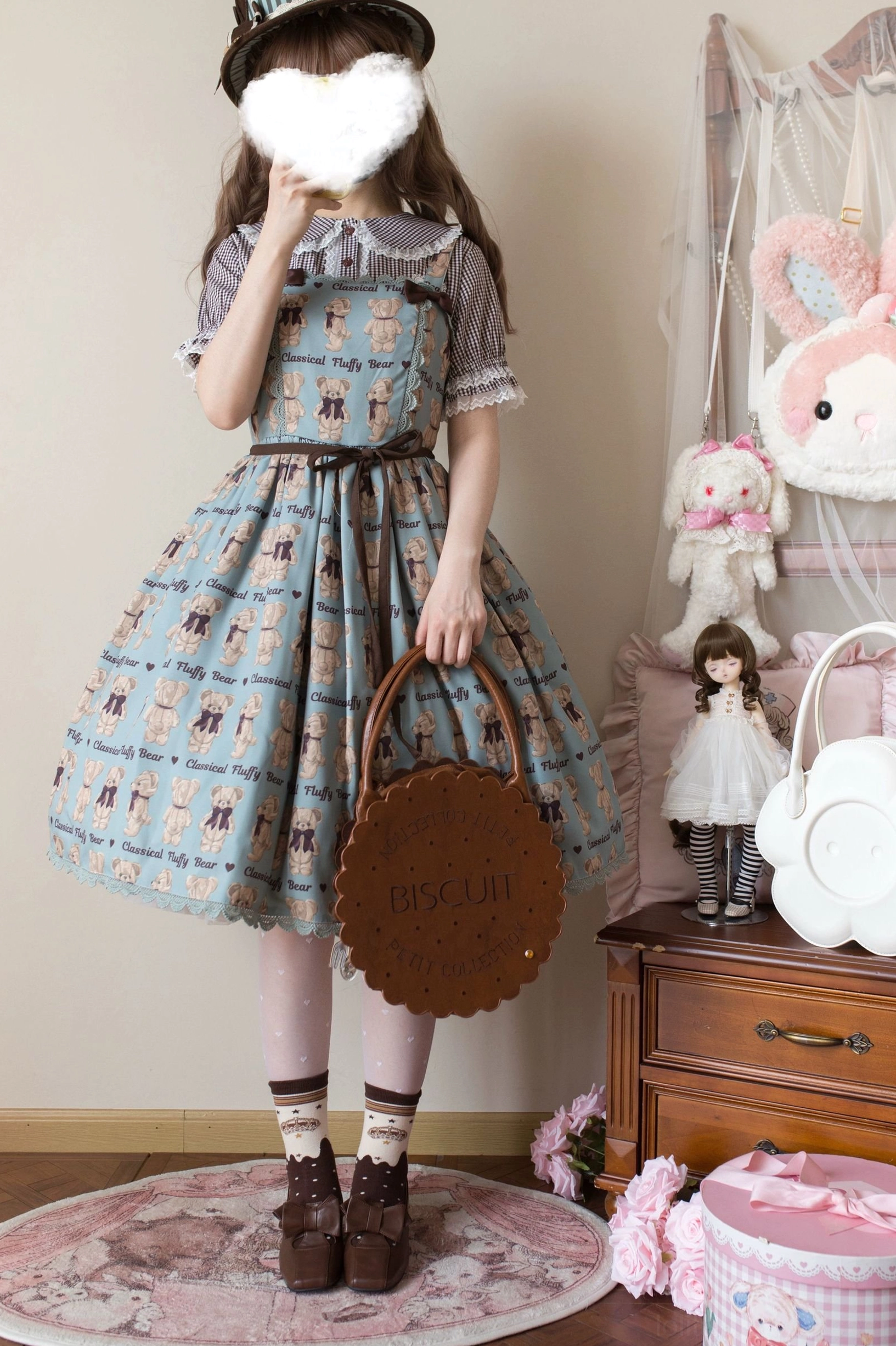 Button-front placket design of plaid Lolita blouse with functional fastening and clean vertical lines