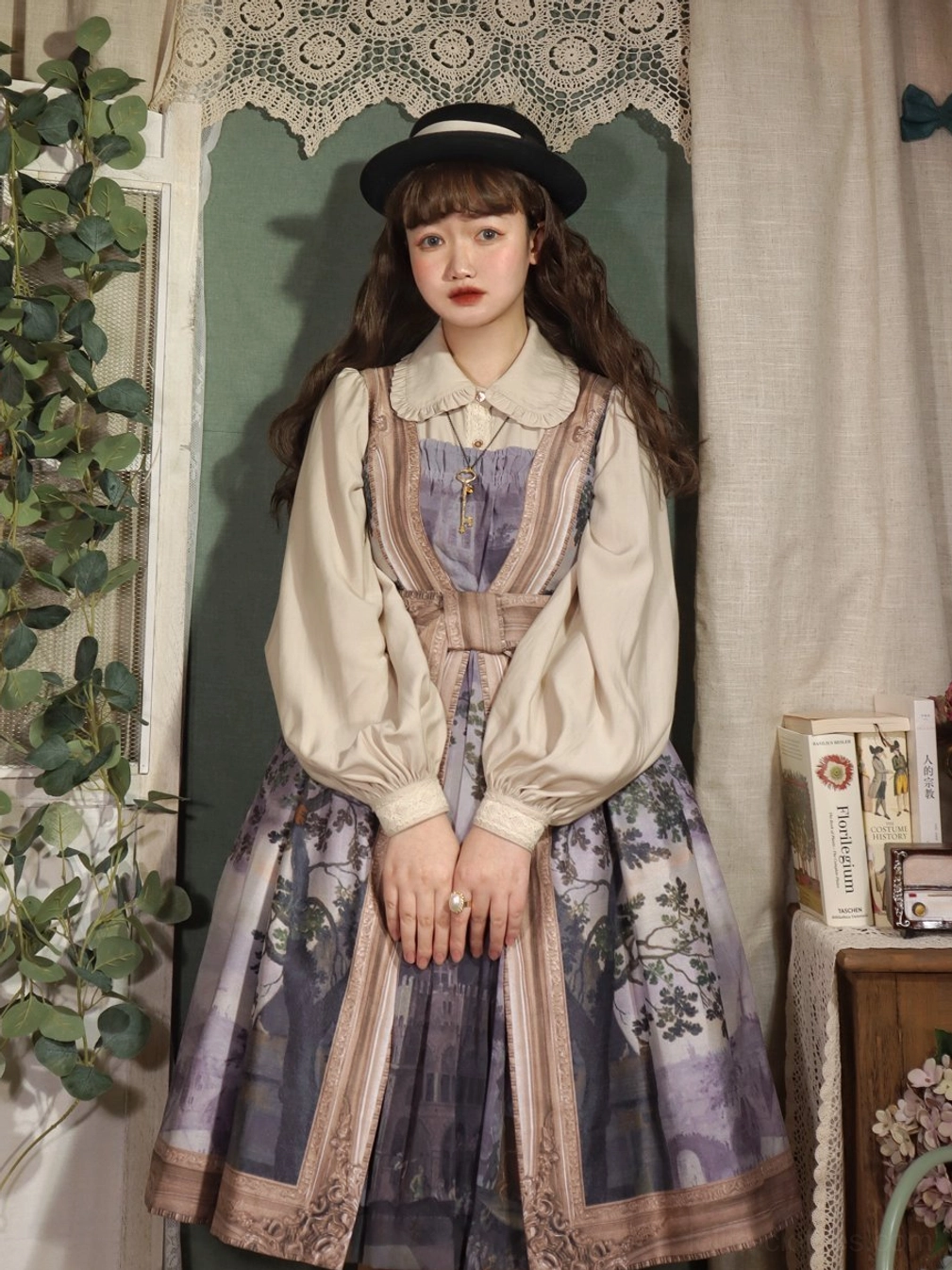 Lolita daily coordinate black boater hat beige bishop sleeve blouse castle print suspender skirt matching waist belt