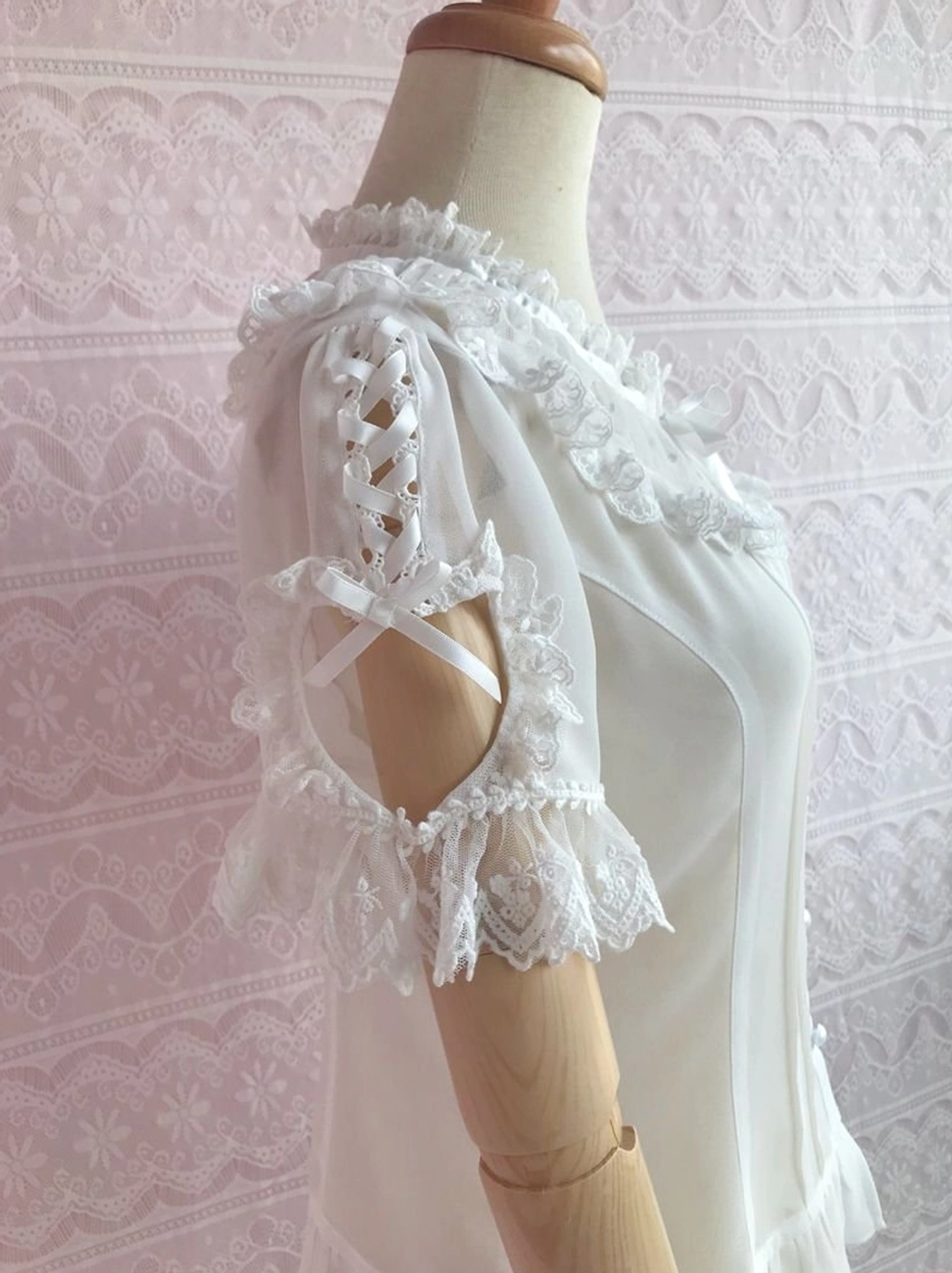 Lolita blouse fabric texture flat lay off white sheer chiffon scalloped lace edge trim soft drape