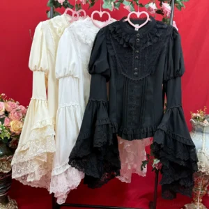 Collection display of Lolita blouses showing multiple color options black and cream off-white with layered lace trumpet sleeves hanging flat