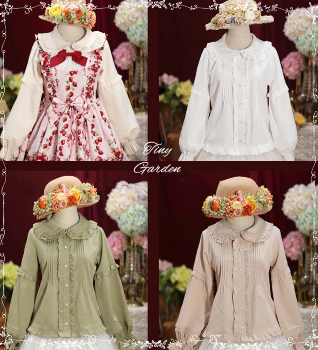 Four-piece Lolita fashion coordinate collection showing white blouse, matcha green blouse, ivory blouse, and strawberry print JSK set on unified retro floral background