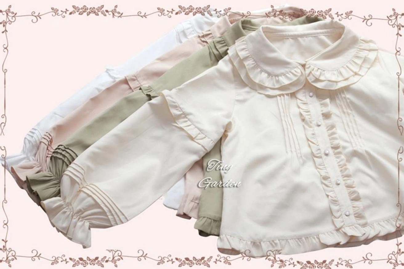 Multi-color Lolita blouse flat lay flat display showing four color options: white, matcha green, light beige and cream ivory with unified Peter Pan collar style