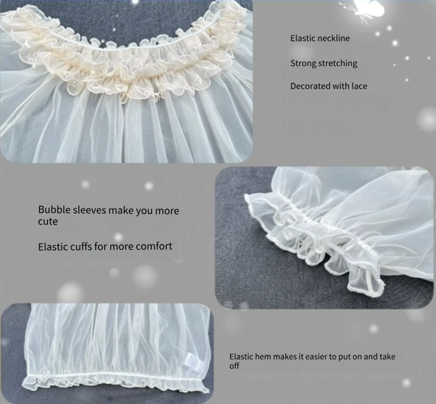 Product detail shots of Lolita mesh blouse featuring elastic lace neckline high stretchiness bubble sleeve design ruffled cuffs and sheer mesh fabric texture