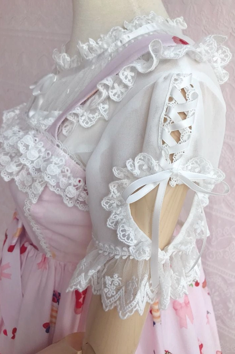 Close up detail lolita blouse scalloped lace collar sleeve cuffs ribbon lace up design paired dessert print jsk