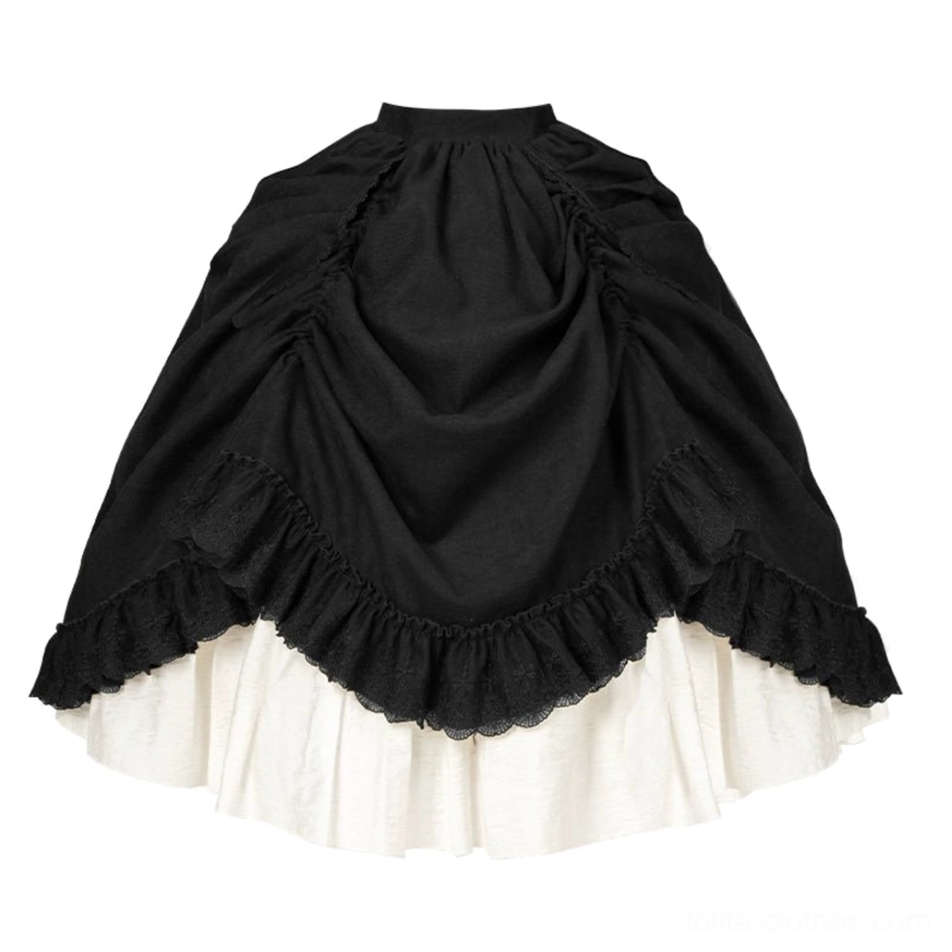 Close-up detailed flat lay shots of lolita blouse featuring waist boning for structured fit, brushed viscose-linen textured fabric, vintage juliet style long sleeves with fitted cuffs, contrast white high collar with ruffled lace trim
