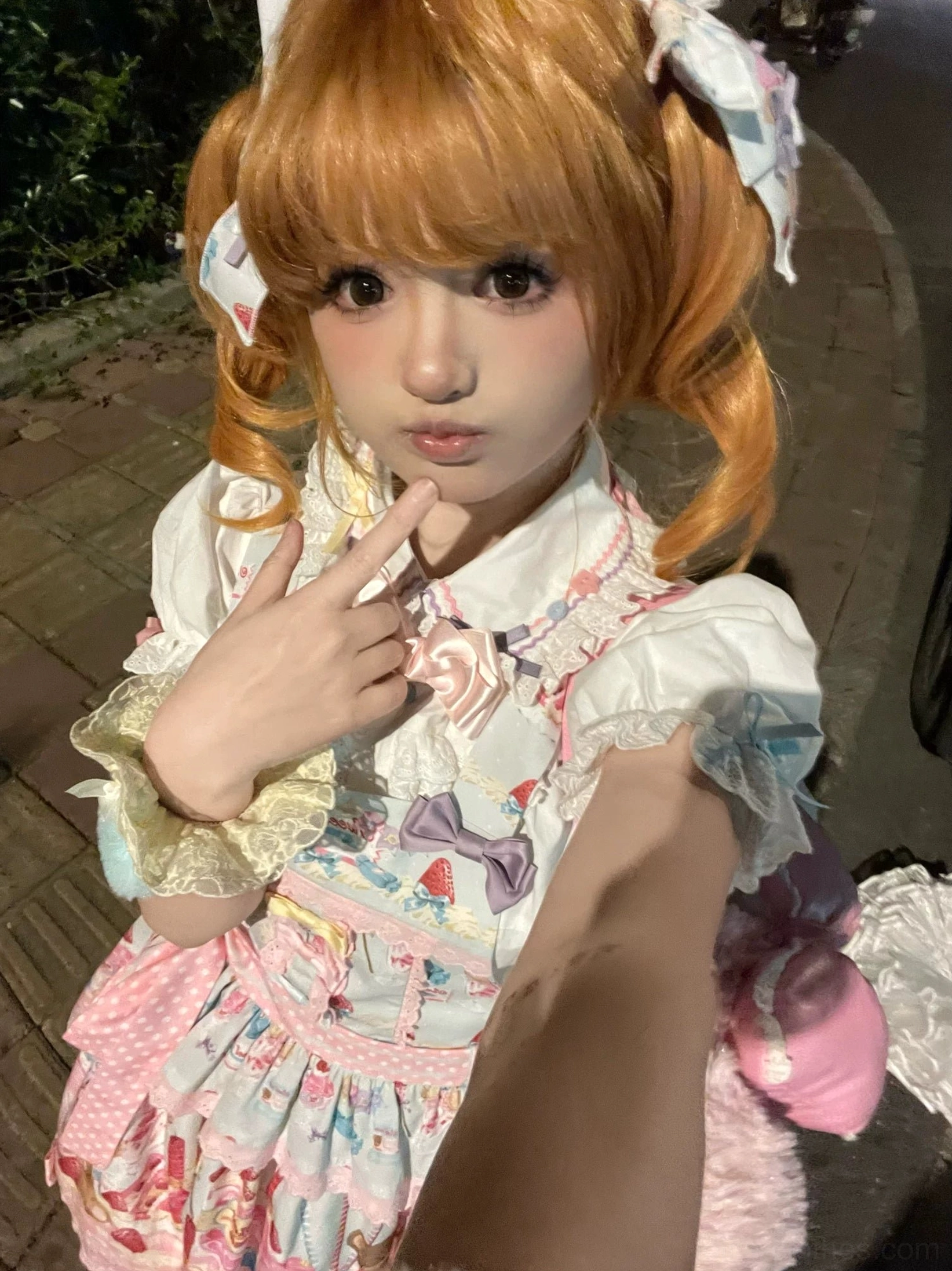 Lolita blouse ensemble photography showing multiple color options white pink and pale yellow with coordinating accessories headdresses Mary Jane shoes and delicate jewelry styling
