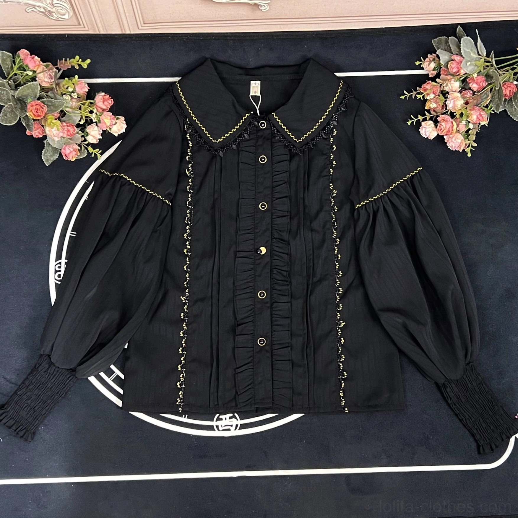 Lolita blouse fabric detail polyester soft texture ruffled sleeve cuff decorative button sheer overlay craftsmanship