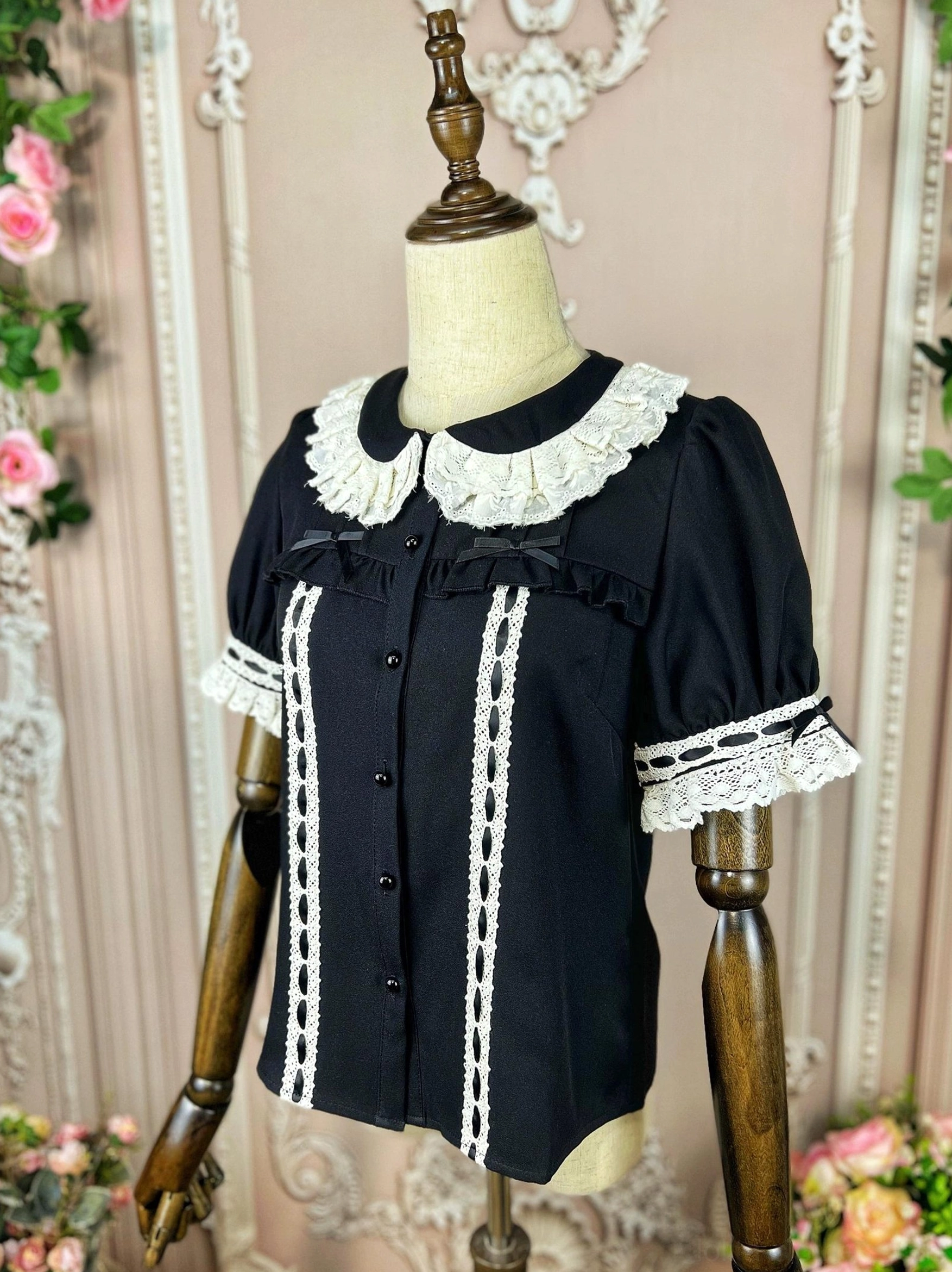 Lolita doll collar blouse fabric detail showing soft polyester fiber lightweight breathable material with elegant drape quality and smooth texture