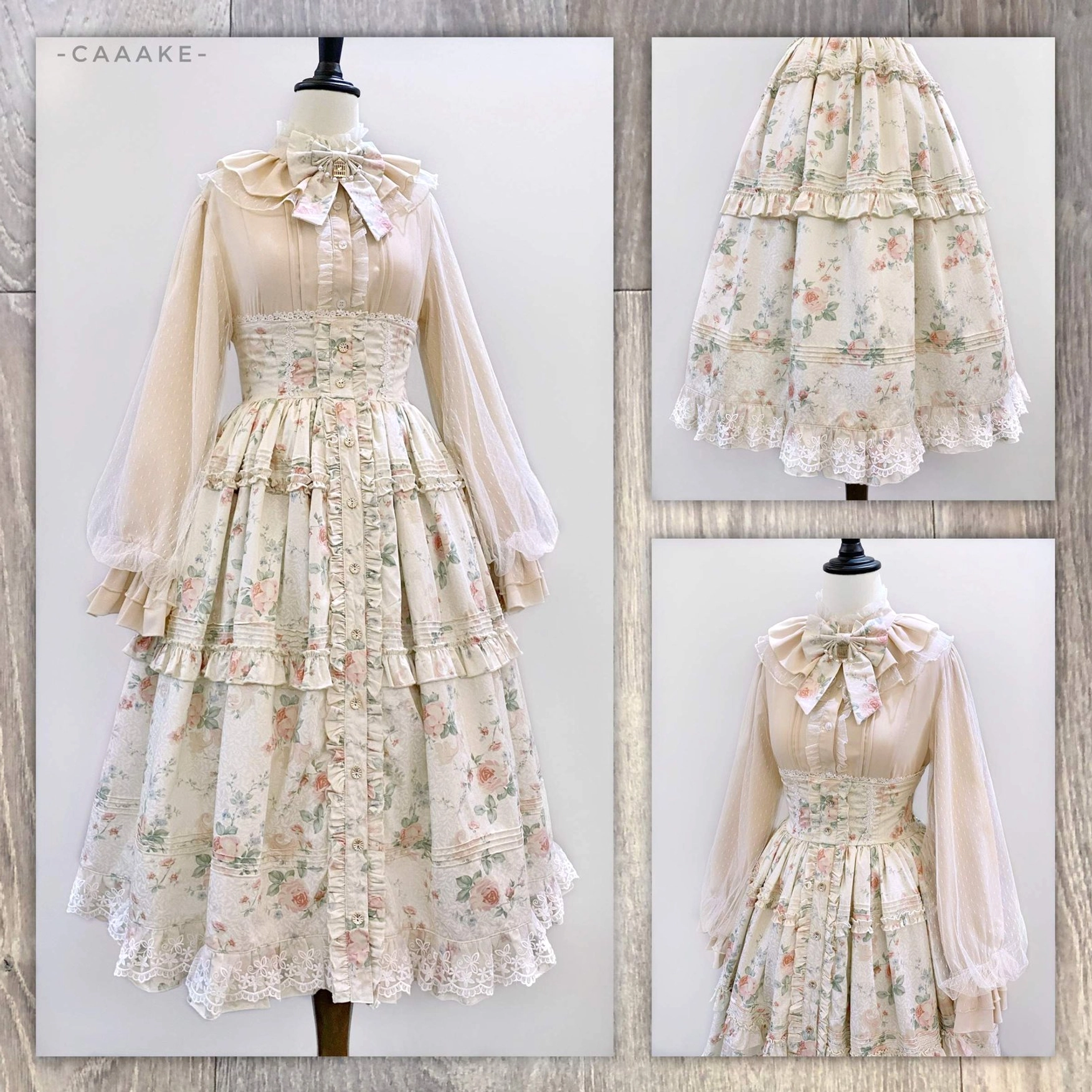 Lolita blouse and floral skirt coordinated set on dress mannequin sheer mesh lantern sleeves ruffled collar bow decoration